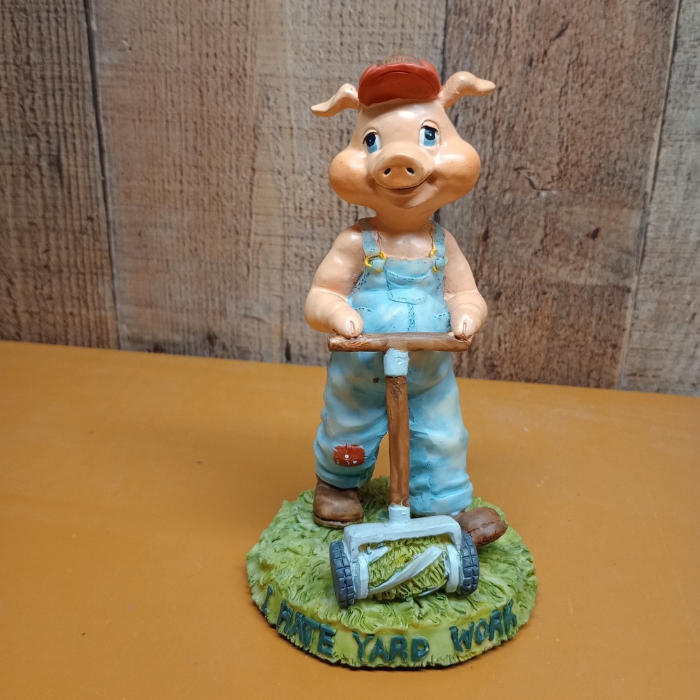 Vintage I Hate Yard Work Pig Figurine Resin Lawn Mower Overalls Collectible
